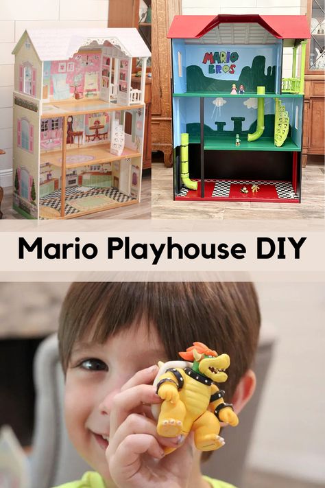 first picture is a Barbie playhouse, second picture is the same house made into a super Mario playhouse, the bottom picture is a little boy with brown hair holding a bowser figurine up. Mario Playset Diy, Super Mario Doll House Diy, Diy Mario Dollhouse, Super Mario Room Decor Diy, Super Mario House Diy, Mario Doll House, Super Mario Play House Diy, Super Mario Doll House, Mario Castle Diy