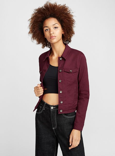 Burgundy jean jacket - Denim Jackets - Ruby Red Burgundy Denim Jacket, Dress With Jean Jacket Outfit, Dresses With Jean Jackets, Black And White Striped Outfit, Maroon Denim Jacket, Dress With Denim Jacket, Red Denim Jacket, Maroon Jeans, Trip Outfit