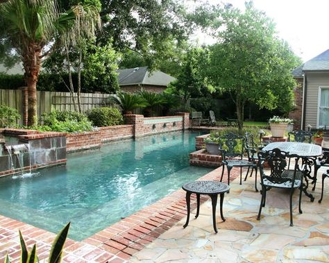 Pools With Brick Coping, Travertine And Brick Pool Deck, Courtyard Pools, New Orleans Courtyard, Pool And Patio, Brick Steps, Courtyard Pool, Pool Life, Pool Remodel