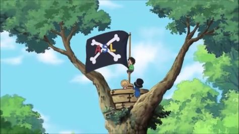 Ace, Sabo, Luffy, brothers, young, childhood, tree, flag, Jolly Roger, ASL, text; One Piece Luffy Brothers, Tree Monster, One Piece Monkey D Luffy, Ace Sabo Luffy, Ace And Luffy, One Piece Tattoos, Naruto Gif, Pirate Flag, One Piece Ace