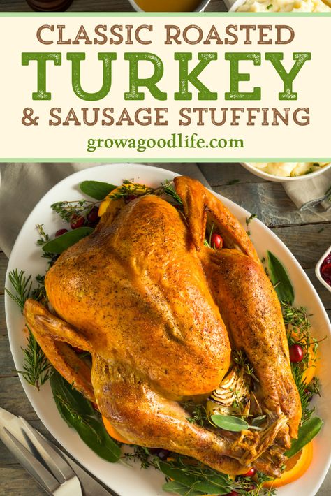 Whether you are cooking for a crowd or a small family gathering, this simple roasted turkey with Italian sausage stuffing recipe is a delicious way to cook the perfect bird for your holiday meal. Visit to learn how to roast a turkey with this easy recipe, plus tips to organize the big day. Citrus Herb Roasted Turkey, Turkey And Green Beans, Cooking The Perfect Turkey, Thanksgiving Dinner For Two, Perfect Roast Turkey, Cooking Thanksgiving Dinner, Herb Roasted Turkey, Juicy Turkey, Roast Turkey Recipes