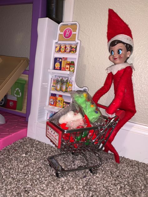 Elf on the shelf goes shopping. Shopping cart with candy was a nice find at Walgreens! Elf On The Shelf Shopping Cart, On The Shelf, Go Shopping, Elf On The Shelf, Shopping Cart, Elf, Candy, Shelves, Holiday Decor