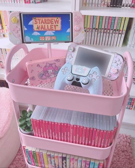 Girls Gamer Room, Nintendo Switch Storage Ideas, Kirby Gaming Setup, Kirby Room Ideas, Girly Gaming Room, Gamer Girl Room, Nintendo Switch Storage, Gamer Girl Setup, Aesthetic Gaming Setup