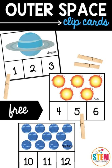 These outer space clip cards are perfect for pre k and kindergarten kids who are building number sense with numbers 0 to 12! Great for math centers or an extension activity to a space unit! #outerspace #numbersense #clipcards #mathcenters Space Number Activities Preschool, Homemade Bouncy Balls, Space Activities Preschool, Space Math, Outer Space Activities, Math Activities For Toddlers, Preschool Math Centers, Space Theme Preschool, Space Week