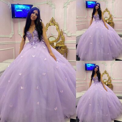 (eBay) Find many great new & used options and get the best deals for 3D Butterflies Purple Quinceanera Dresses V Neck Sweet 15 16 Party Ball Gowns at the best online prices at eBay! Free shipping for many products! Quinceanera Dresses Purple Lavender Butterfly, Royal Purple Quince Dresses, Enchanted Forest Quince Dress, Quinceanera Purple Dresses, Purple Sweet 16 Dresses, Butterfly Quince Dress, Purple Butterfly Dress, Purple Quinceanera Theme, Purple Tulle Dress