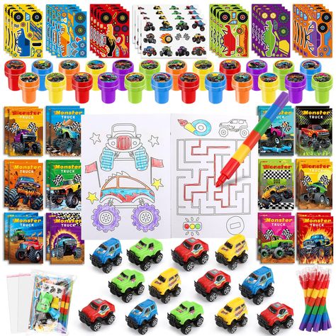 PRICES MAY VARY. Package Include: you will get 12 monster truck coloring books, 12 crayons in 6 colors, 12 monster truck stamps, 12 mini monster truck toys, 12 monster truck make-a-face stickers, 12 monster truck stickers,12 clear gift bags.A complete monster truck party favors set for your use. Suitable Size: monster truck coloring book for kids about 6.7 x 4.7 inch, crayons about 7 inch, mini monster trucks toys about 2.4 x 2 inch, stampers about 1.38 inch, monster truck stickers about 4.7 x 2 Monster Truck Party Favors, Truck Stamps, Truck Party Favors, Monster Truck Toys, Monster Truck Party, Car Theme, Classroom Rewards, Truck Stickers, Mini Monster