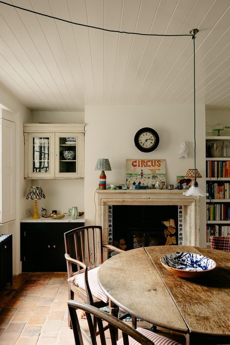 Reclaimed Fireplace, Painted Window Frames, Fitted Cabinets, Old Brick Wall, Marble Fireplace Surround, House In London, Cottage Style Kitchen, Wooden Floorboards, Victorian Terrace