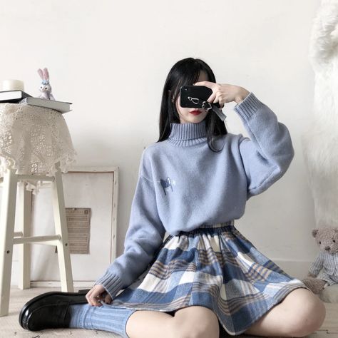 Y2k Fashion Aesthetic, Y2k Aesthetic Fashion, Kawaii Fashion Outfits, Mode Inspo, Blue Outfit, Blue Sweater, Plaid Skirt, Kawaii Clothes, Y2k Aesthetic