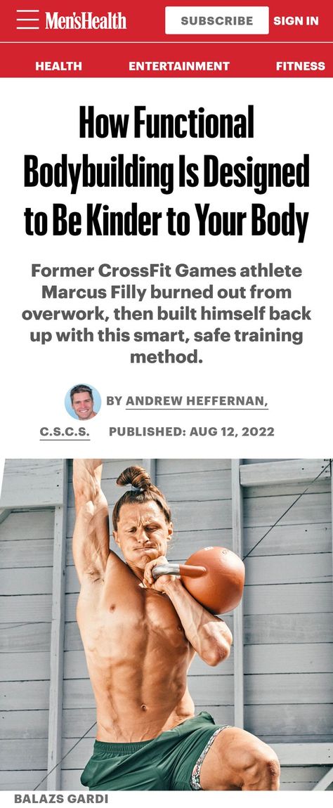 How Functional Bodybuilding Is Designed to Be Kinder to Your Body | "Former CrossFit Games athlete Marcus Filly burned out from overwork, then built himself back up with this smart, safe training method." ~Andrew Heffernan, C.S.C.S. Crossfit Games, Bicep Curls, Bench Press, Muscle Fitness, Mens Health, Be Kind To Yourself, Kettlebell, Going To The Gym, Build Muscle