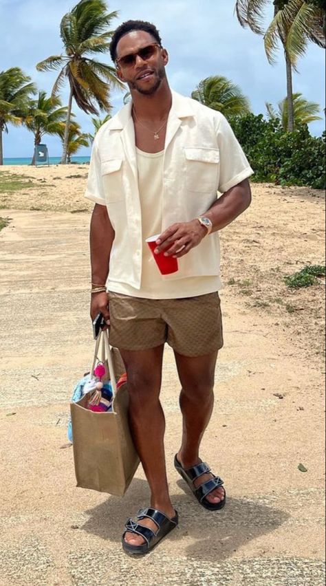 Mens Carribean Outfits, Cabo Outfits Men, Men’s Summer Outfits Tropical, Jamaica Men Outfits, Greek Vacation Outfit Men, Men Summer Holiday Outfit, Mexico Men Outfits, Black Guy Vacation Outfits, Hot Day Outfit Men