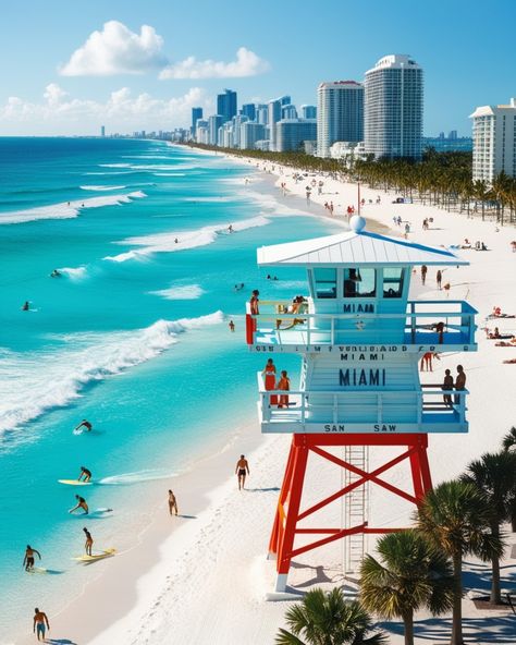 🌞🏝️ Miami's daytime charm—clear waters, sandy beaches, vibrant lifeguard towers, and a stunning skyline. Perfect for surfing and sunbathing! 🌊🏄‍♂️🏙️ #MiamiVibes #OceanVibes #SunshineState #TravelMiami #ScenicMiami #CityscapeGoals #BeachLife #MiamiMoments #ParadiseFound #BeautifulViews #miami #florida #usa #travel #fierytrippers #fierytrippersusa Miami Beach Lifeguard Tower, Beach Lifeguard, Miami Skyline, Lifeguard Tower, Miami Life, Hotel Food, Paradise Found, Ocean Vibes, Florida Usa