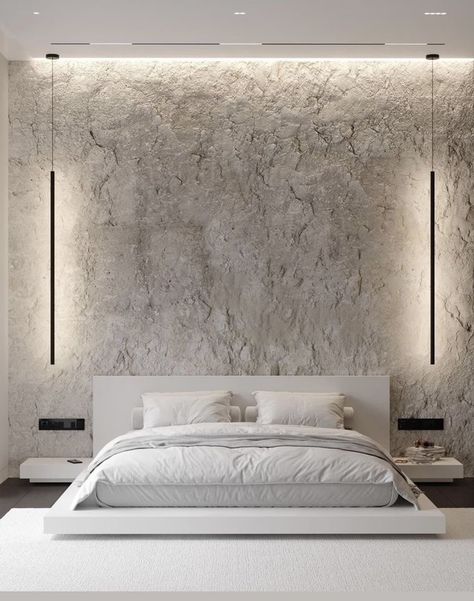 Concrete Walls Interior Bedroom, 3d Peel And Stick Wallpaper, Comfy Modern Bedroom, Modern Dark Bedroom, Contemporary Bedroom Design, Concrete Interiors, Bedroom Decor Design, Bedroom Bed Design, Bedroom Furniture Design