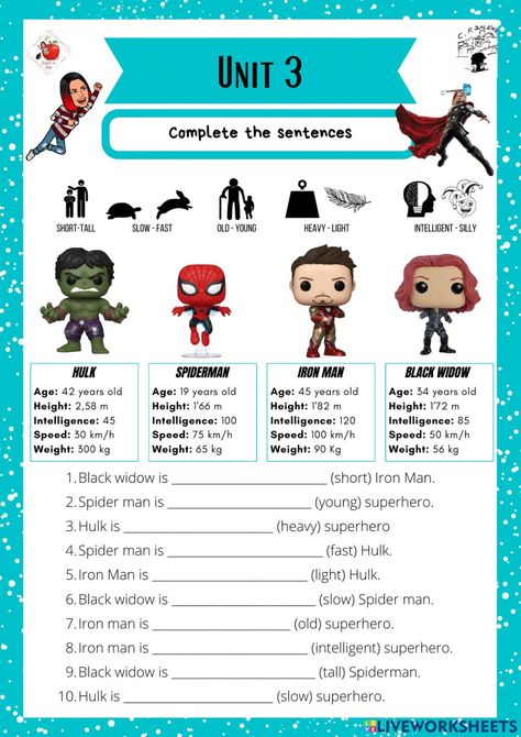 Comparatives And Superlatives Worksheets, English Language Activities, Comparatives And Superlatives, Adjectives Activities, Esl Ideas, English Adjectives, English Education, Comparative Adjectives, Grammar For Kids