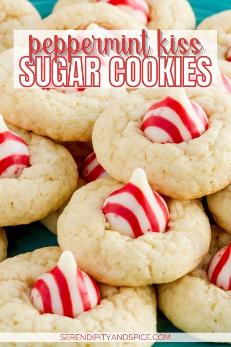 Peppermint Kiss Thumbprint Cookies, Christmas Cookie With Hershey Kiss, Hersey Kiss Cookie Recipes, Hershey Peppermint Kiss Cookies, Peppermint Kisses Cookies, Peppermint Hershey Kiss Cookies, Peppermint Kiss Cookies Recipe, Sugar Cookies With Hershey Kisses, Hershey Kiss Cookies Recipe