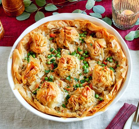 Athens Foods | Turkey Phyllo Pot Pie - Athens Foods Chicken Pot Pie With Phyllo, Turkey Pot Pie With Phyllo Dough, Philo Dough, Rotisserie Turkey, Individual Chicken Pot Pies, Turkey Pot Pie Recipe, Turkey Stew, Athens Food, Phyllo Dough Recipes