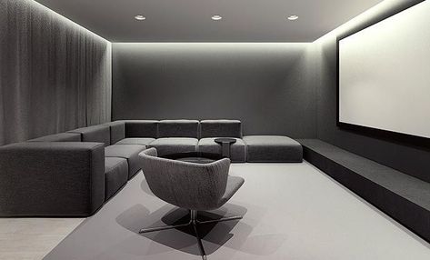 Inspiration for Abrahama/Bonnie's modern home design: Customize gray sectional/ black leather chair/ cove lighting Cinema Rooms, Game Room Chairs, Tamizo Architects, Home Theater Room Design, Theater Room Design, Home Cinema Room, Home Theater Rooms, Home Theater Design, Theatre Design