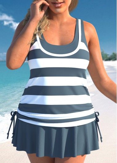 Plus Size Fake 2in1 Striped Tankini Set Womens Tankini Swimwear, Skirted Tankini, Striped Tankini, Plus Size Tankini, Swimwear Tankini, Bra Types, Grey Tank Top, Tankini Set, Bra Styles