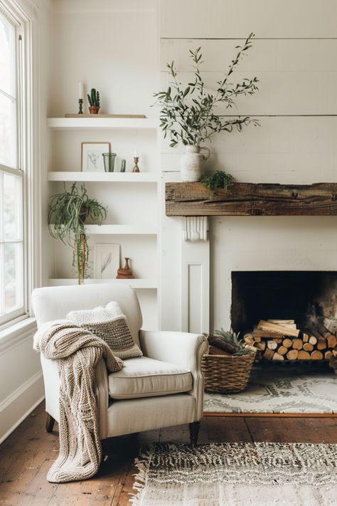 Living Room With No Fireplace Ideas, Style White Fireplace, White Oak Shiplap Fireplace, Farmhouse Fireplace Ideas Joanna Gaines, Fireplace Bench Decor, Small Fireplace Wall Ideas, Cottage Living Room Fireplace, Small House Fireplace Ideas, Rustic House Fireplace