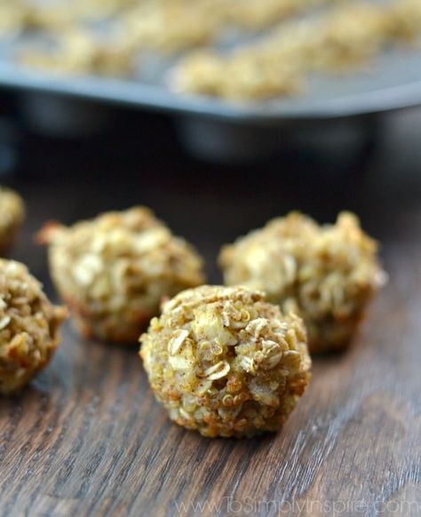 These wonderful little Apple Cinnamon Quinoa Bites are a fantastic quick and healthy breakfast or on the go snack. Apple Cinnamon Quinoa, Cinnamon Quinoa, Almond Butter Oatmeal, To Simply Inspire, Quiche Muffins, Quick And Healthy Breakfast, Avocado Eggs, Oatmeal Bites, Quinoa Bites