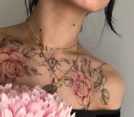 Full Body Rose Tattoo, Left Chest Tattoo Female, Chest Pieces For Women, Stomach Tattoo Plus Size, Aquarius And Pisces Tattoo, Pink Floral Tattoo, Women’s Chest Tattoo, Women Chest Tattoo Classy, Under Breast Tattoos For Women