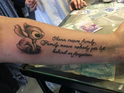 Stitch Ohana Means Family Tattoo, Ohana Means Family Tattoo Ideas, Ohana Means Family Tattoo, Stitch Ohana Tattoo, Ohana Tattoos, Kobe Tattoo, Ohana Quote, Disney Stitch Tattoo, Lilo And Stitch Tattoo