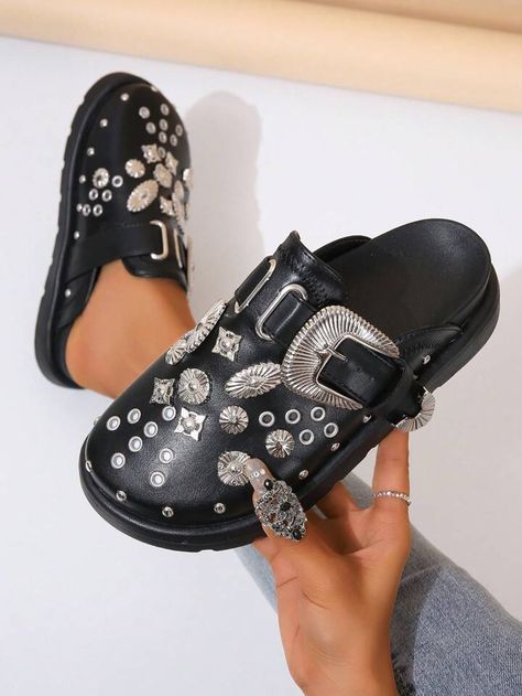 Women Studded & Buckle Decor Flatform Mule Shoes, Artificial Microfiber Leather Punk Wedge Shoes | SHEIN USA Studded Clogs, Metal Decorations, Trendy Girls Outfits, Clogs Style, Comfort Shoes Women, Shoe Boot Sandals, Casual Loafers, Platform Heel, Leather Mules