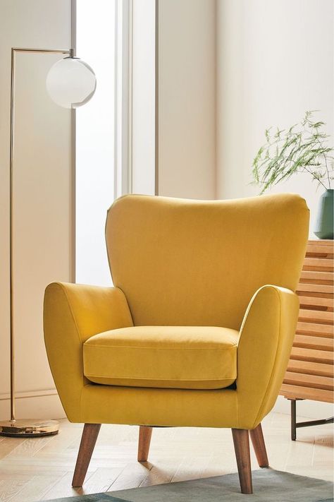 House Nordic Dining Room Chair | Velvet Chair Living Room | Home Decorating Ideas Co Working Space Interior, Corner Chair For Bedroom, Cozy Accent Chairs, Bright Living Room Ideas, Highback Armchair, Velvet Chairs Living Room, Nordic Dining Room, Yellow Armchair, Single Seater Sofa