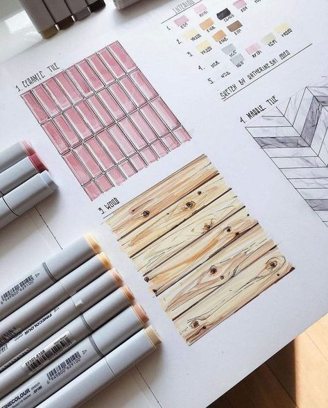 Markers Drawing Architecture, Croquis Architecture, Interior Textures, Interior Design Sketchbook, Marker Sketch, Furniture Design Sketches, Interior Design Student, Architecture Drawing Plan, Interior Design Renderings