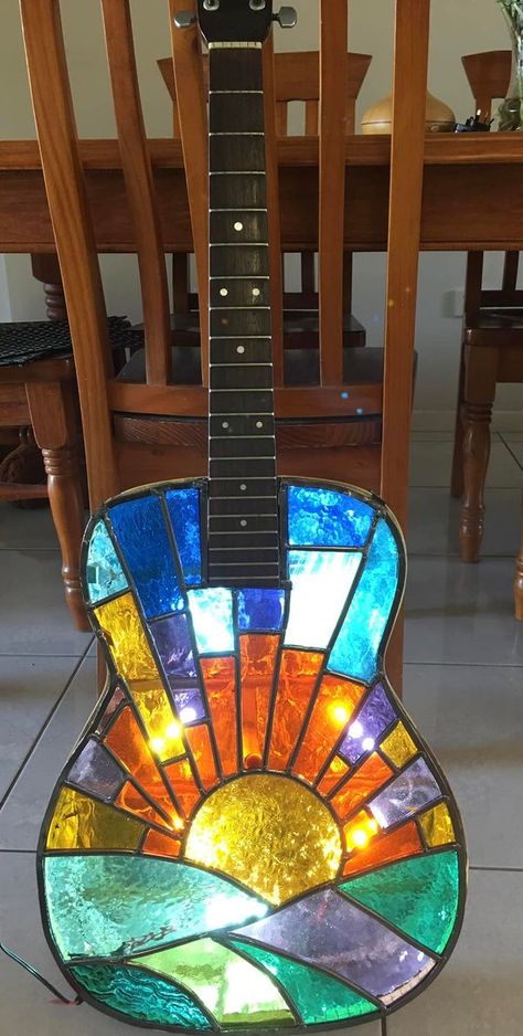 Stained glass & Glass works | A pic of my stained glass guitars | Facebook Stained Glass Guitar, Glass Album Cover, Glass Guitar, Guitar Lamp, Stained Glass Patterns Free, Antique Stain, Mosaic Ideas, Glass Designs, Guitar Art