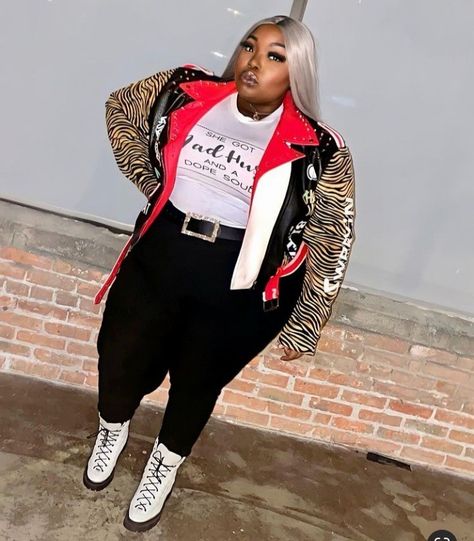 Plus Size Varsity Jacket Outfit, Oversized Urban Varsity Jacket For Fall, Plus Size Biker Jacket Outfit, Black Women Varsity Jacket Outfit, Urban Oversized Varsity Jacket With Pockets, Plus Size Baddie, Varsity Jacket Outfit, Curvy Fashionista, Plus Size Fits