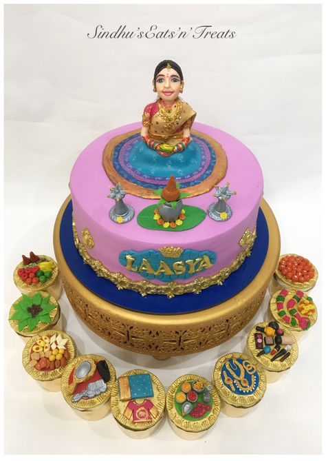 Halfsaree Function Decoration Ideas, Saree Cake, Bright Birthday Cakes, Puberty Function, Fondant Girl, Saree Function, Bangle Ceremony, Indian Cake, Cake Designs For Girl