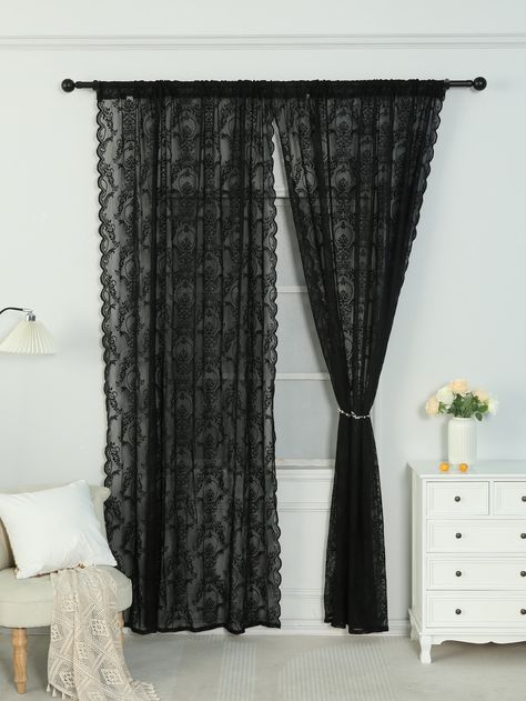 Black Lace Decor Single Panel Sheer Curtain, Polyester Light Filtering Privacy Sheer Curtain For Living Room And BedroomI discovered amazing products on SHEIN.com, come check them out! Curtain Tips, Goth Things, Lace Window, Curtain For Living Room, Goth Home Decor, Bedroom Space, Black Curtains, Lace Decor, Lace Curtains