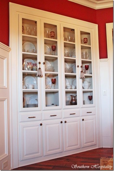 builtin china cabinet Dining Room Craftsman, Built In China Cabinet Dining Room, Oak Bedroom Furniture Makeover, China Cabinet Dining Room, Built In China Hutch, Barn Bedroom, Dining Room Built In, Built In China Cabinet, Built In Buffet