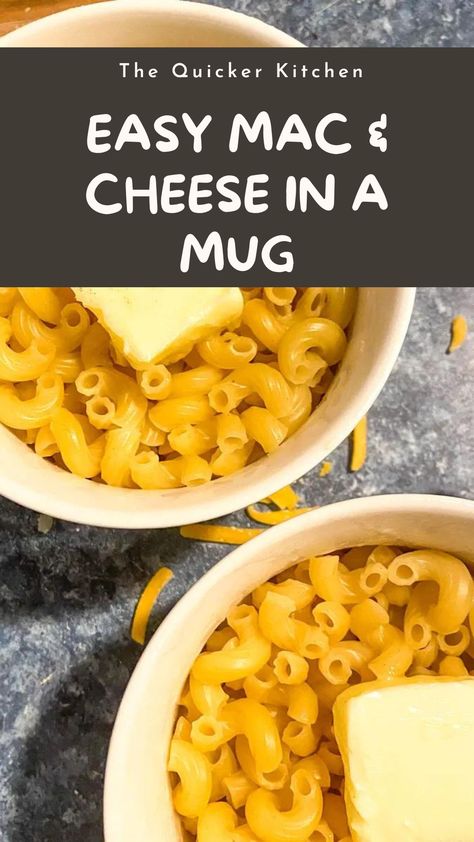 Homemade mac and cheese in a mug is an easy meal you can make anytime! You only need a mug, microwave, and a handful of basic ingredients to treat yourself to cozy, delicious comfort food. View the entire recipe at www.thequickerkitchen.com Instant Mug Mac And Cheese, Meals In Microwave Easy Recipes, Homemade Microwave Mac And Cheese, Pasta In A Mug Microwave, Max And Cheese In A Mug, Mac And Cheese In A Mug Recipe, Mac & Cheese In A Mug, Mac And Cheese In A Cup, Macaroni And Cheese In A Mug