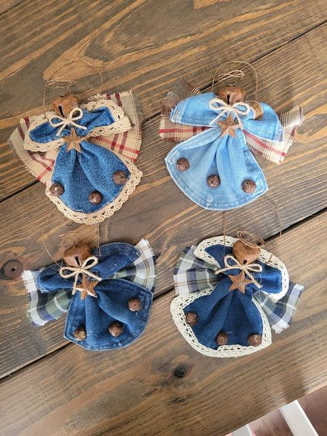 Craftsy Kiosk by Tesh | Lone Tree Rustics thank you so much for this idea | Facebook Denim Angels, Pocket Angels, Recycling Jeans, Christmas Angel Crafts, Christmas Fabric Crafts, Denim Crafts Diy, Diy Christmas Ornaments Easy, Wooden Christmas Decorations, Diy Christmas Tree Ornaments