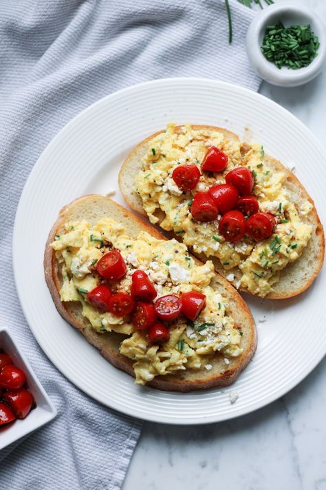 Eggs on Toast with Feta, Chives, & Tomato Relish — From April's Kitchen Eggs On Toast, Asian Inspired Salad, Tomatoes On Toast, Tomato Relish, Eggs Breakfast, Tomato Pesto, Egg Toast, Healthy Digestive System, On Toast