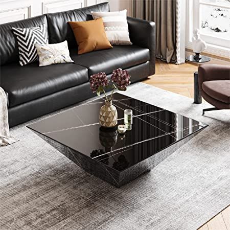 31" POVISON Square Drum, Fully-Assembled Black Marble Coffee Table with Trapezoid Shape Design Leather Curved Sofa, Square Marble Coffee Table, Black Marble Coffee Table, Faux Marble Coffee Table, Infinite Art, Trapezoid Shape, Drum Coffee Table, Coffee Table Rectangle, Black Coffee Tables