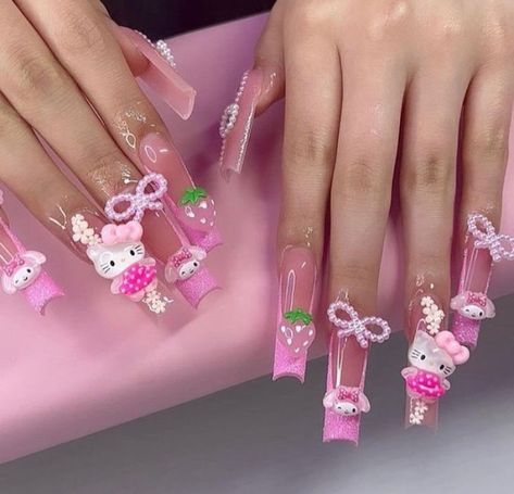 Acrylic Nails Coffin 3d Design, Sanrio Nails Acrylic, Long Nails Design, Melody Anime, Paznokcie Hello Kitty, Anime Y2k, Hello Kitty Nails Art, Long Nail Designs, Girly Acrylic Nails