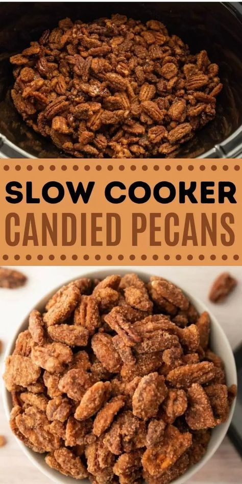 Slow Cooker Candied Pecans Recipe - Eating on a Dime Crockpot Sugared Pecans, Candied Pecans Crockpot Easy, Cinnamon Sugar Pecans Crockpot, Crockpot Pecans Candied, Cinnamon Sugar Pecans Recipe, Slow Cooker Candied Pecans, Crockpot Candied Pecans, Candied Pecans Crockpot, Crockpot Pecans