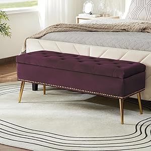 HULALA HOME Modern Velvet Storage Ottoman Bench with Gold Base & Nailhead Trim, Upholstered Bedroom Bench for End of Bed, Button-Tufted Footstool for Entryway Living Room Dining Room, Purple Bench In Front Of Bed, Dining Room Purple, Bench For End Of Bed, Footstool Storage, End Of Bed Storage, Velvet Storage Ottoman, Striped Bedroom, Future Decor, Upholstered Bench Bedroom