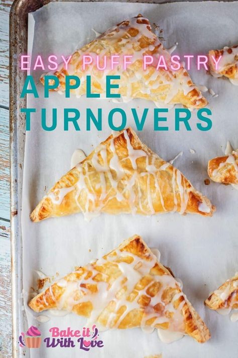 These puff pastry apple turnovers are a perfectly sweet treat that uses only 2 ingredients alongside common pantry staples! They are incredibly easy to make and will satisfy any sweet cravings you might have. Top them off with an easy homemade vanilla glaze to make them extra satisfying! BakeItWithLove.com #bakeitwithlove #puffpastry #apple #turnovers #dessert Puff Pastry Apple Turnovers, Canning Apple Pie Filling, Puff Pastry Apple, Apple Pastry, Turnover Recipes, Apple Puff Pastry, Apple Turnovers, Puff Pastry Dough, Vanilla Glaze