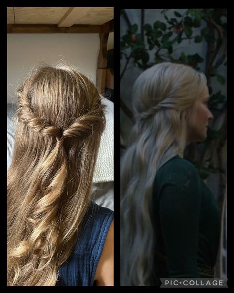 Lotr Inspired Hairstyles, Elven Hairstyles Female, Lotr Elf Hairstyles, Galadriel Rings Of Power Hair, Lord Of The Rings Elf Hairstyles, Lord Of The Rings Inspired Hairstyles, Simple Medieval Hairstyles, Eowyn Hairstyle, Elvish Hairstyles Lord Of The Rings