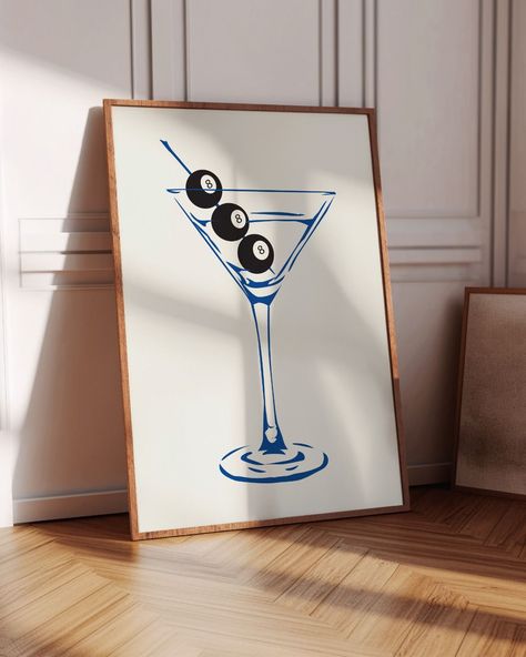 Martini Glass Poster Cocktail Room Decor, Paintings For Bathroom Canvas, Pool Ball Painting, Dirty Martini Painting, Pool Ball Art, Bedroom Art Aesthetic, 8 Ball Painting, Martini Glass Painting, Modern Painting Ideas