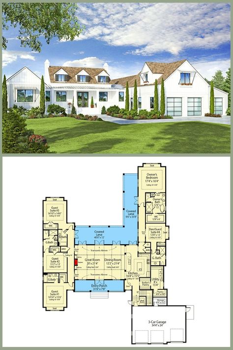 Modern Farmhouse Plans - Tour this 4,482 Sq Ft. 6-Bedroom 2-Story Modern Farmhouse. Discover more: https://buff.ly/47TsLot | Facebook Cozy Window Seat, Contemporary Windows, Modern Farmhouse Living, Board And Batten Siding, 2 Story Houses, Contemporary Farmhouse, Modern Farmhouse Plans, Outdoor Deck, Farmhouse Plans