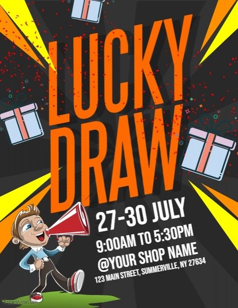 Lucky Draw Flyer Lucky Draw Poster Design Ideas, Lucky Draw Design, Lucky Draw Poster, Lucky Draw Ideas, Anniversary Sale Poster, Raffle Promo, Giveaway Ideas, Poster Idea, Instagram Contest