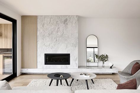 Wood Slat Trend - The Merrythought Fireplace with low shelf (for sitting) plus open shelves on the sides Marble Fireplace, Beautiful Home Designs, Wood Fireplace, Home Fireplace, Modern Fireplace, Slat Wall, Fireplace Mantel, Fireplace Design, Living Room Inspo