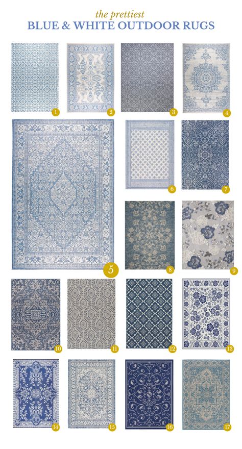 Blue And White Outdoor Rug, Outside Rugs Patio Outdoor, Blue And White Front Porch, Blue And White Sunroom, Blue And White Patio, Blue Patio Decor, Blue Outdoor Decor, Blue Outdoor Furniture, Traditional Entryway