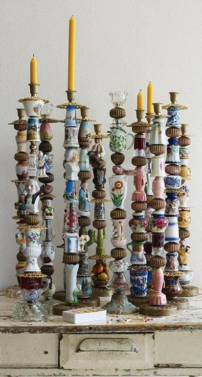 China Repurposed Ideas, Upcycle Candles, Candle Stick Decor Ideas, Upcycled Candlesticks, Candlestick Crafts, Repurposed China, Kerajinan Diy, Hantverk Diy, Assemblage Art