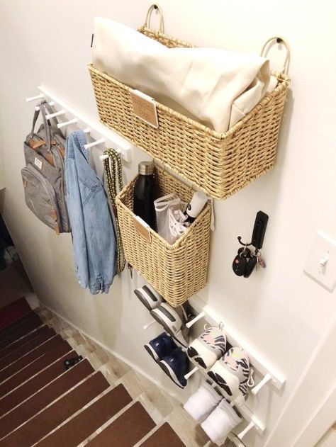 How To Organize A Garage Entry At The Top Of Stairs - Organized-ish by Lela Burris Stairway Mudroom Entryway, Shoe Basket Entryway Small Spaces, Stairway Drop Zone, Stair Organization Baskets, Back Entryway Ideas Small With Stairs, Small Entry Stairs, Doorway Organization Entryway, How To Organize Entryway, Small Entry Organization