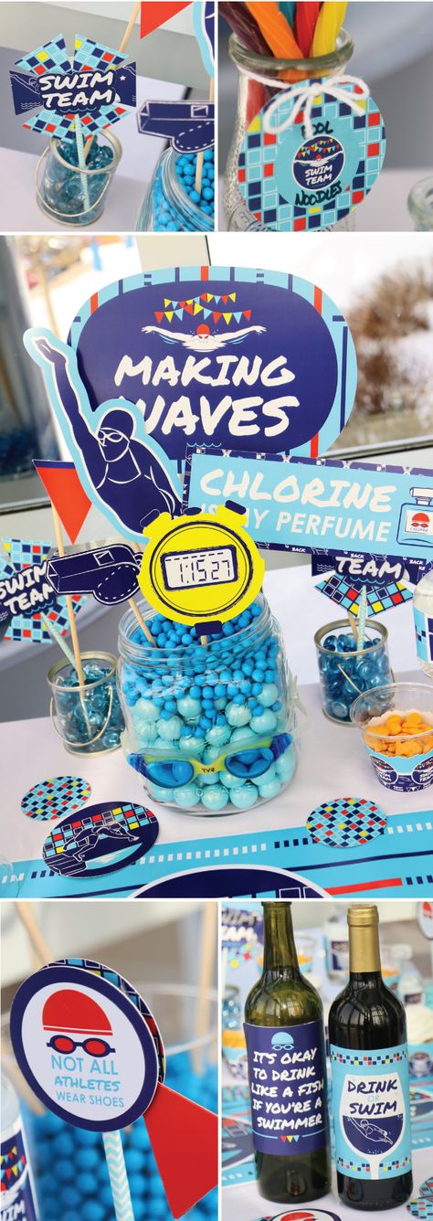 Swim Team Party Supplies - Swim Banquet Centerpiece Ideas and Swimming Decorations - BigDotOfHappiness.com Party Pool Decorations, Team Party Ideas, Swim Team Party, Swim Banquet, Pool Decorations, Swim Team Gifts, Banquet Centerpieces, Sports Banquet, Swimming Benefits